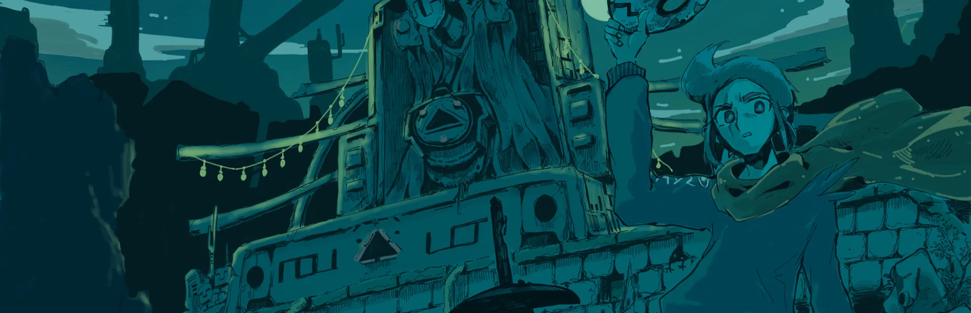 Linked Mask key art: a young person with a scarf and a cape holding up a mask in front of an abandoned tower