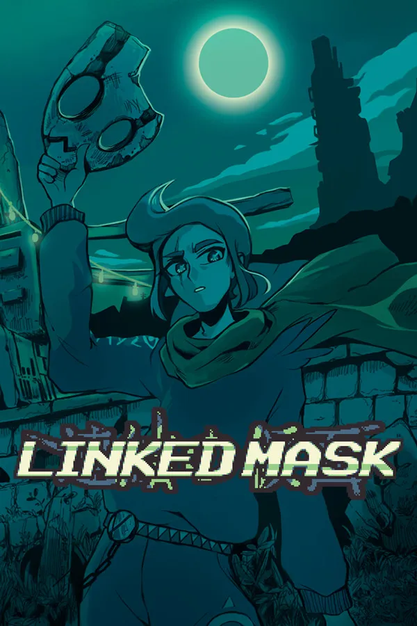 Linked Mask cover: a young person with a scarf holds up a stone mask under a pale green moon