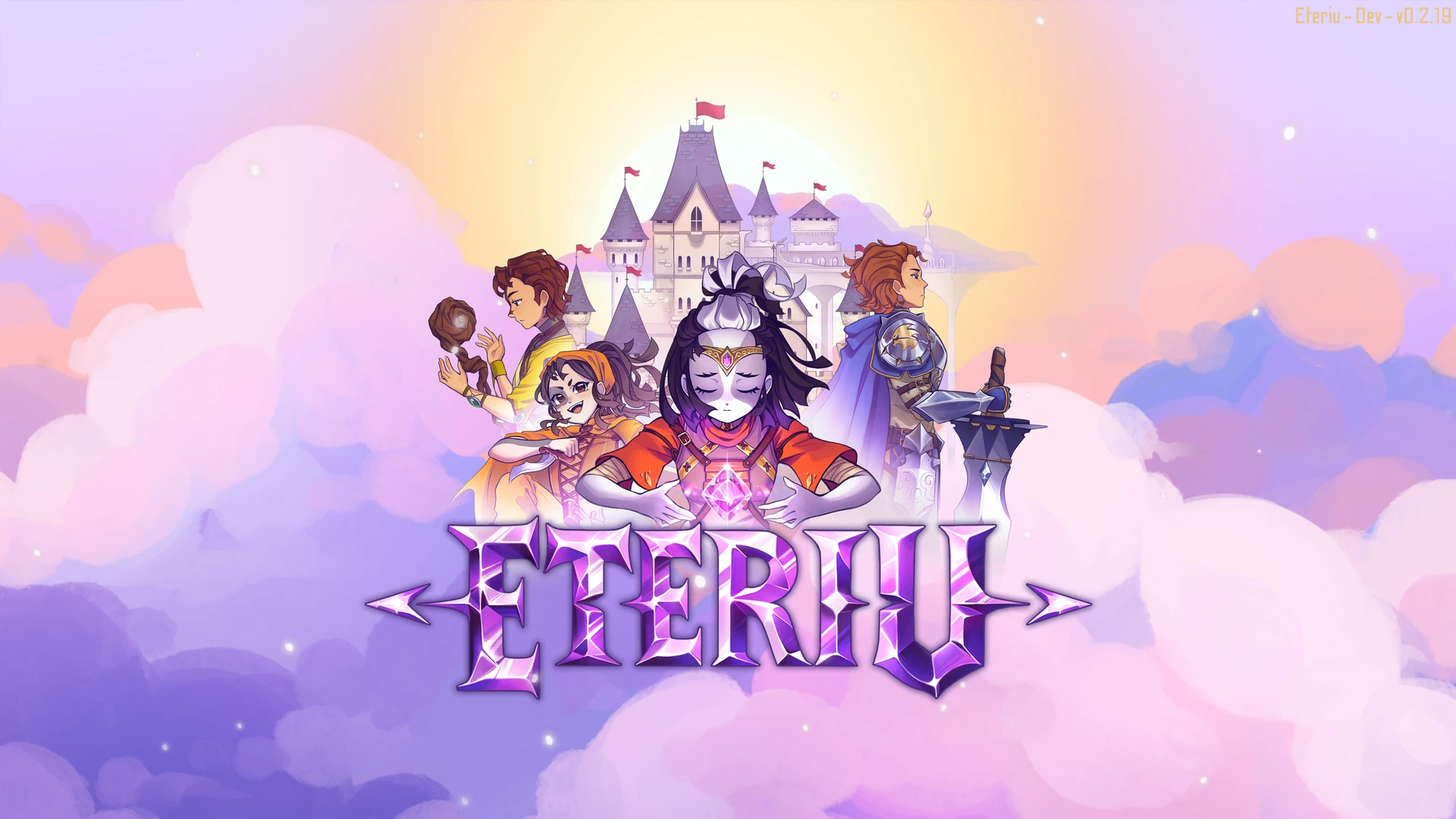 Eteriu title screen with the cast in front of a castle above the clouds